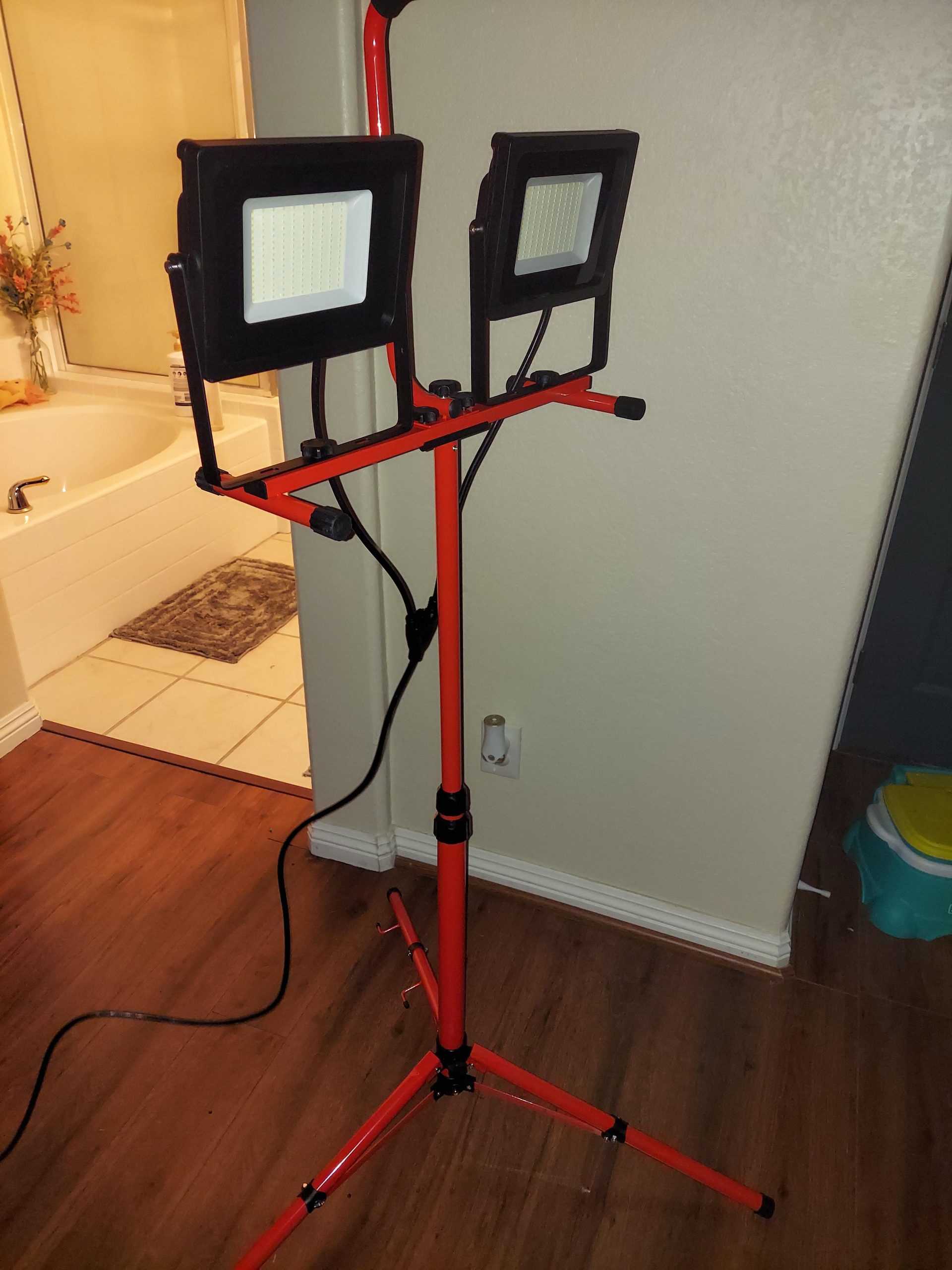 Juyace 2 Pack 150W LED Work Light with Tripod Stand, Dual Head Flood Light | 15000LM, IP65 Waterproof Portable Job Site Lamp, 5000K with Independent Switches for Garage, Workshop, Construction, Camping customer photo 1