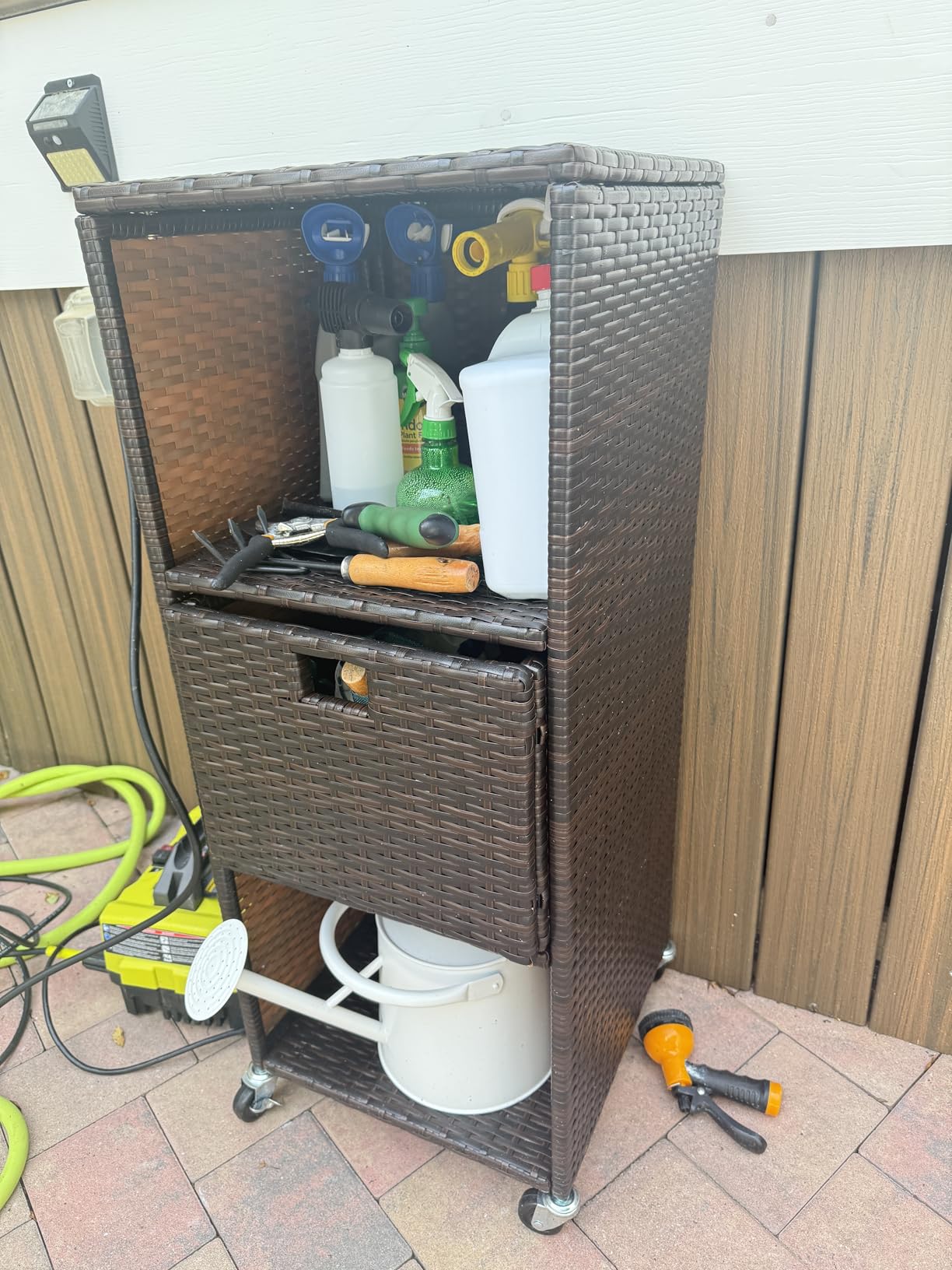 RELAX4LIFE Wicker Outdoor Storage Cabinet - Rattan Pool Towel Rack | Mix Brown PE Rattan Metal, Shelves Removable Drawer 4 Rolling Wheels Pool Towel Garden Hot Tub Patio Deck Porch Storage Caddy customer photo 2