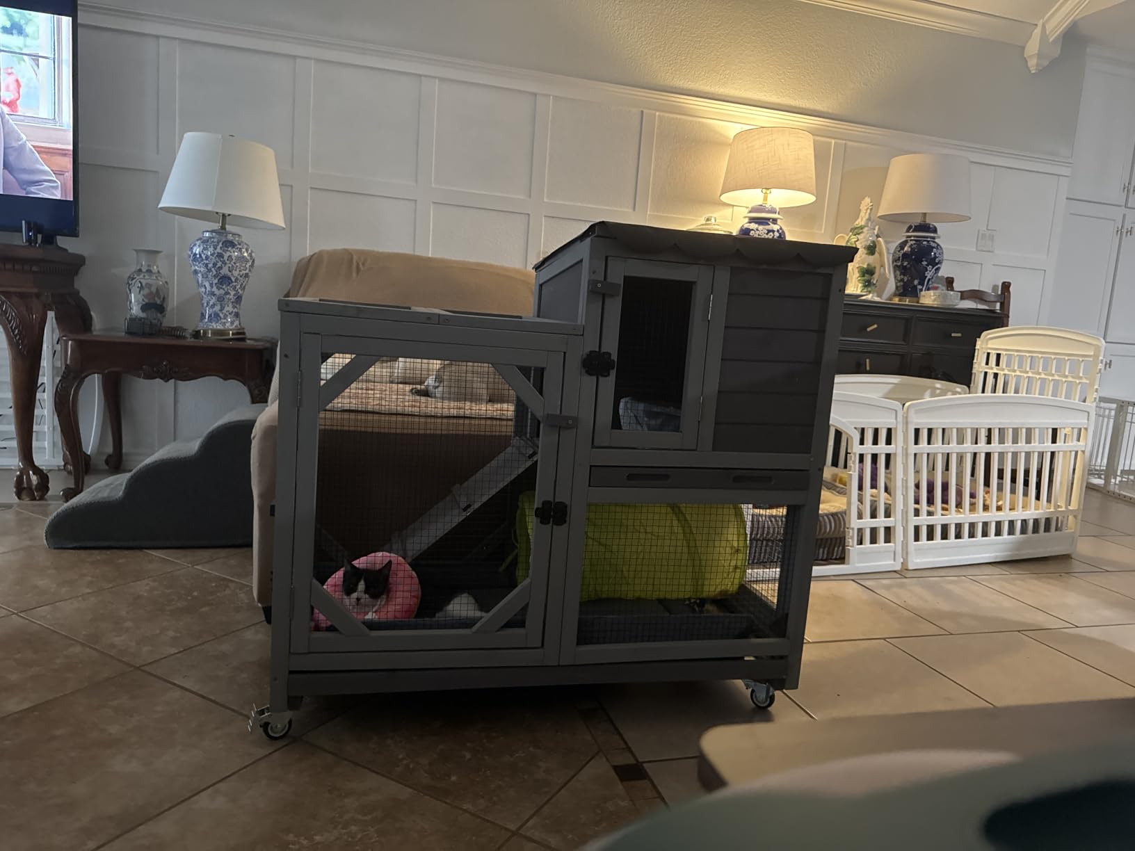 GUTINNEEN Wooden Duplex Rabbit Cage on Wheels with Chew-Proof Ramp, Grey | 4 mobile swivel casters, 2-story design, waterproof rain cover, 5 access doors, 2 sliding trays customer photo 1
