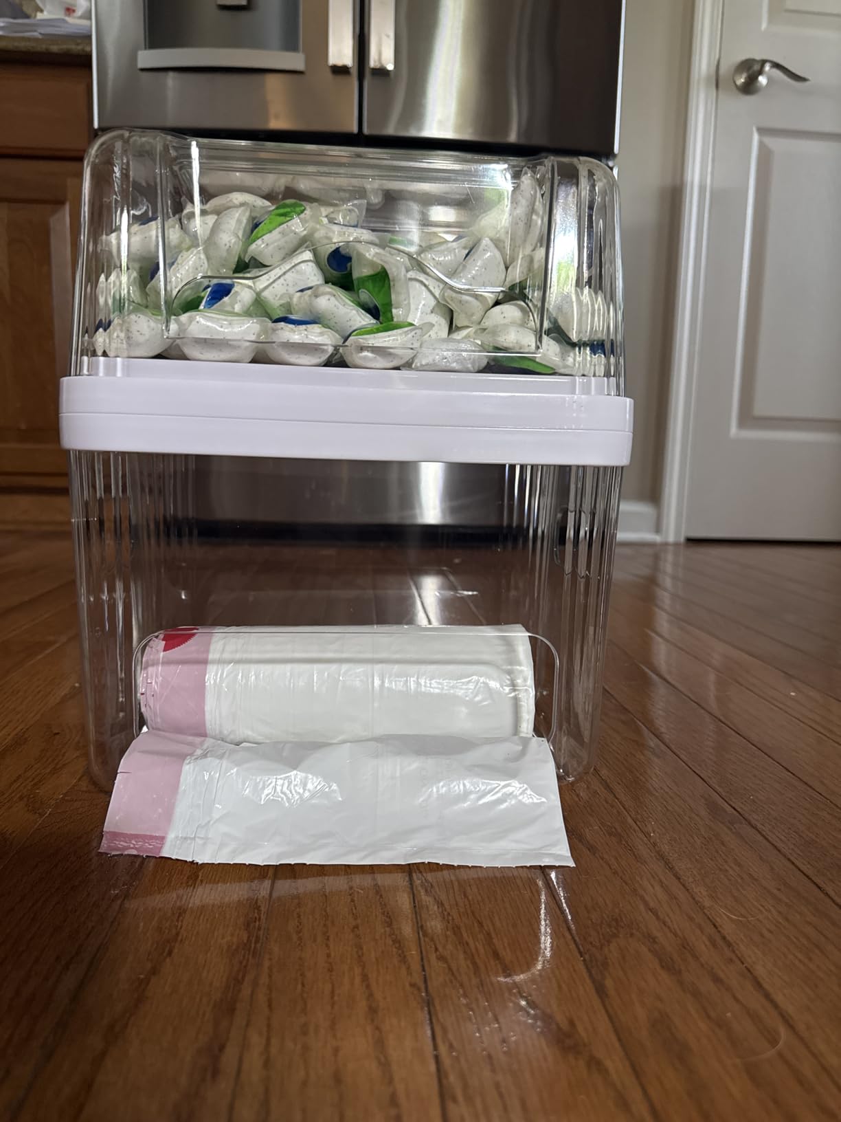 iCASA Trash Bag Dispenser Dishwasher Pods Container Under Sink Organizer | 3 in 1 Stackable Trash Bag Holder Garbage Bag Dispenser for 13/30/33 Gallon Bags, Clear Storage Bins Laundry Pods Container customer photo 2