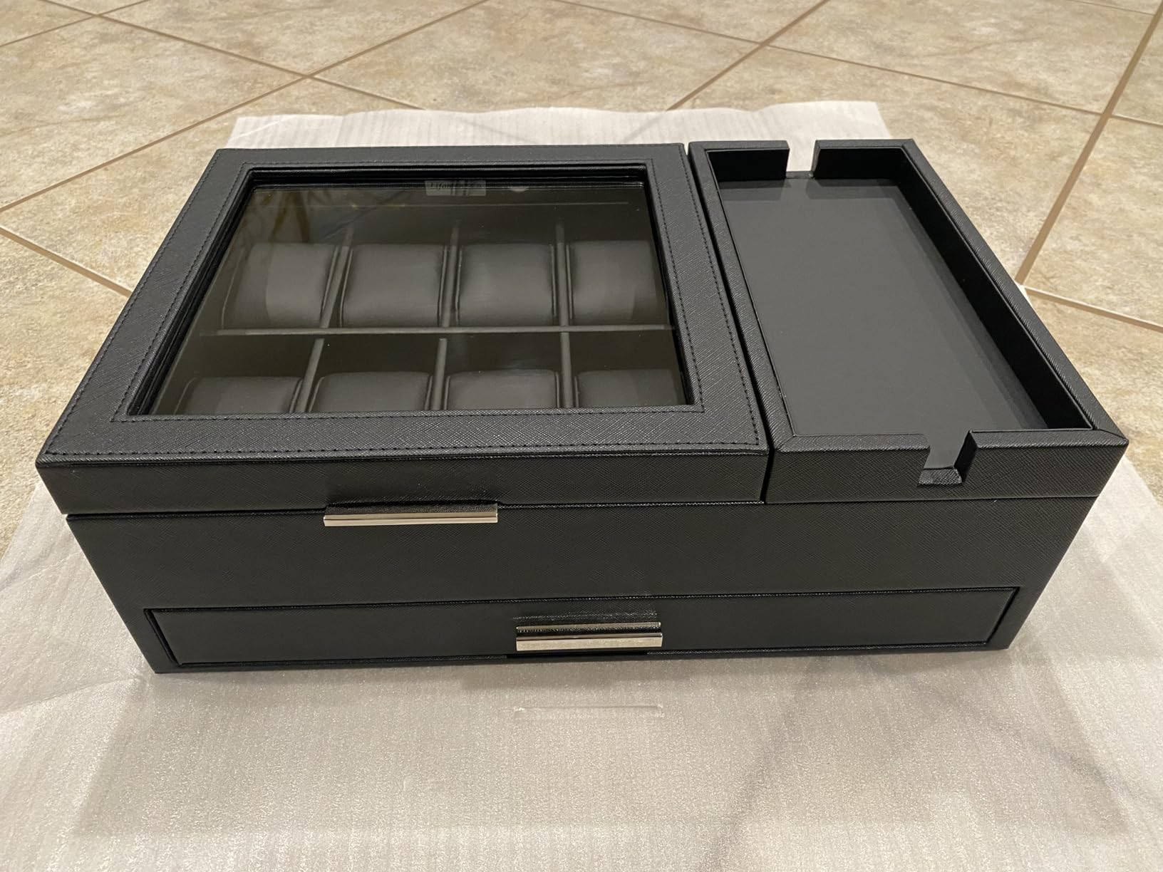 Men's Jewelry Box Organizer with Wireless Charging Station - 15 Compartments Valet Tray with Drawer for Watch, Phone, Wallet - Brown customer photo 2