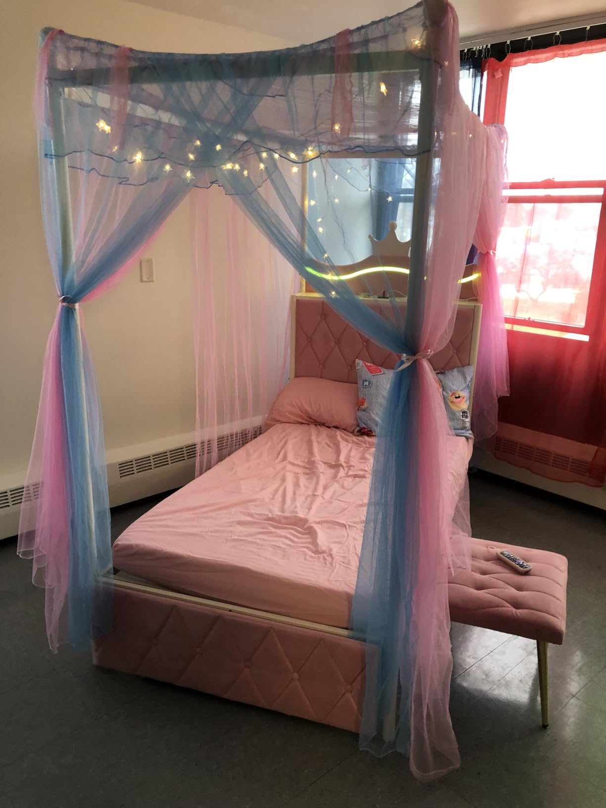 Queen Size Upholstered LED Canopy Bed Frame with Charging Station and Drawer, Button Tufted Crown Headboard with Storage Shelf, Two-Purpose Removable Four Poster Design Platform Bed, Pink customer photo 2