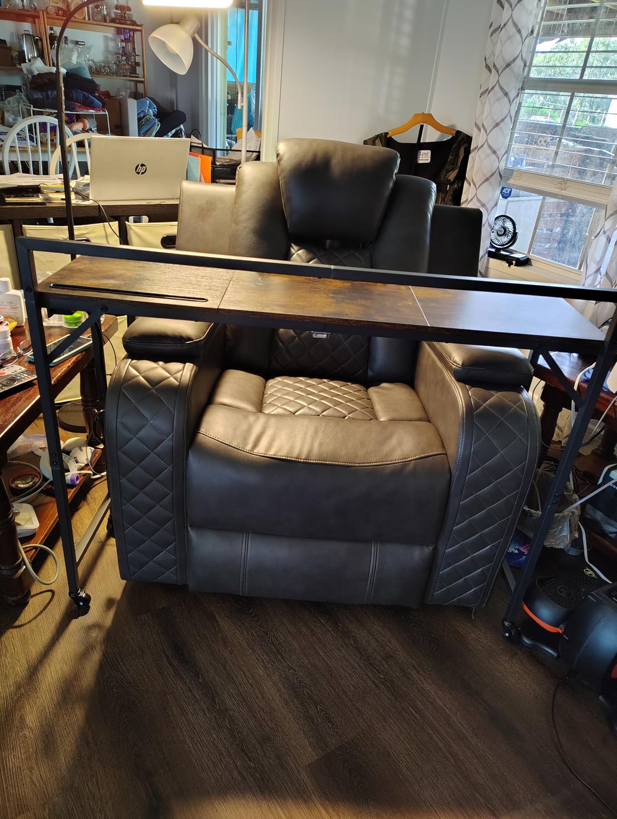 YATINEY Overbed Table with Wheels, 70.9'' Mobile Bed Desk with Charging Station for Queen Size Bed, Recliner Table with Adjustable Stand and Storage, Rustic Brown and Black SF13UBR customer photo 2