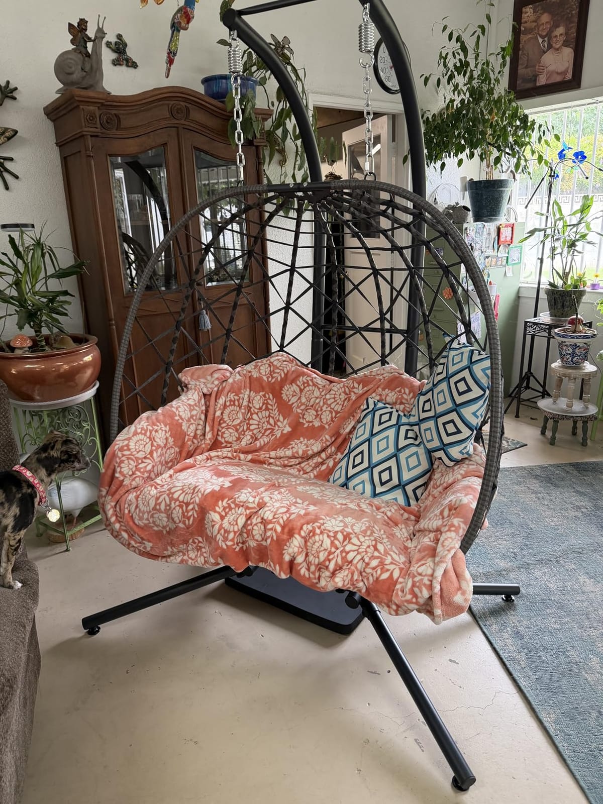 SWITTE Double Egg Chair Outdoor with Stand, Patio Hanging Swing, Beige | Indoor 2 Person Egg Swinging with Cushion, Wicker Loveseat for Porch Balcony Backyard, Cozy Hammock Chairs 650 LBS Capacity customer photo 2
