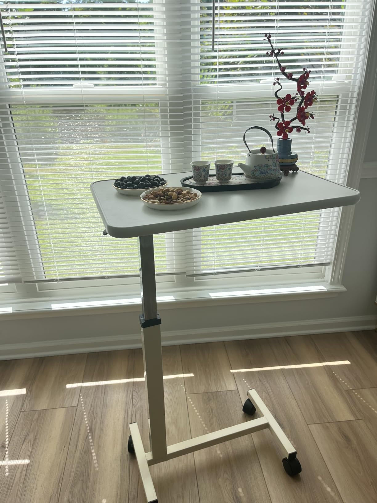 Adjustable Overbed Table with Wheels, Pneumatic Height Lift Rolling Bedside Table, Standing Desk for Home & Office Use, Ideal for Seniors & Limited Mobility (Walnut Brown) customer photo 2