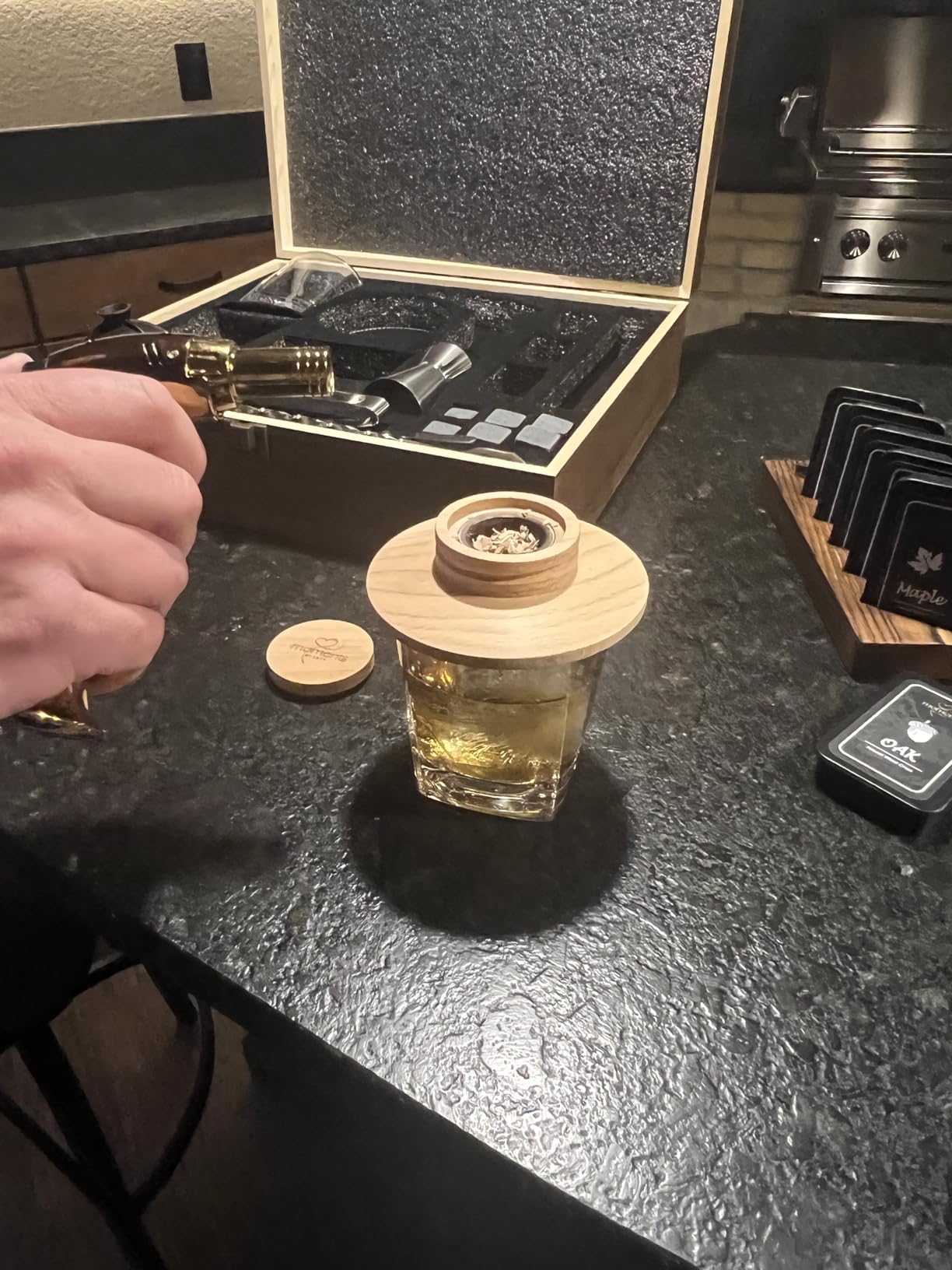 Premium Whiskey Smoker Kit - Wooden Gift Box with Torch, Smoker Lid, Square Glasses, Leather Coasters, 6 Wood Chips with Tray, Whiskey Stones, Ice Molds, Mixing Tools & Instructions customer photo 2
