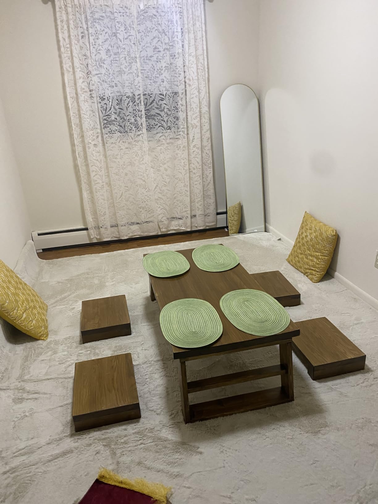 Japanese Floor Table, Low Japanese Dining Table for Floor Sitting with 4 Stools, Solid Wood Chabudai Tatami Coffee Table Set for Living Room, Tea & Dining(47