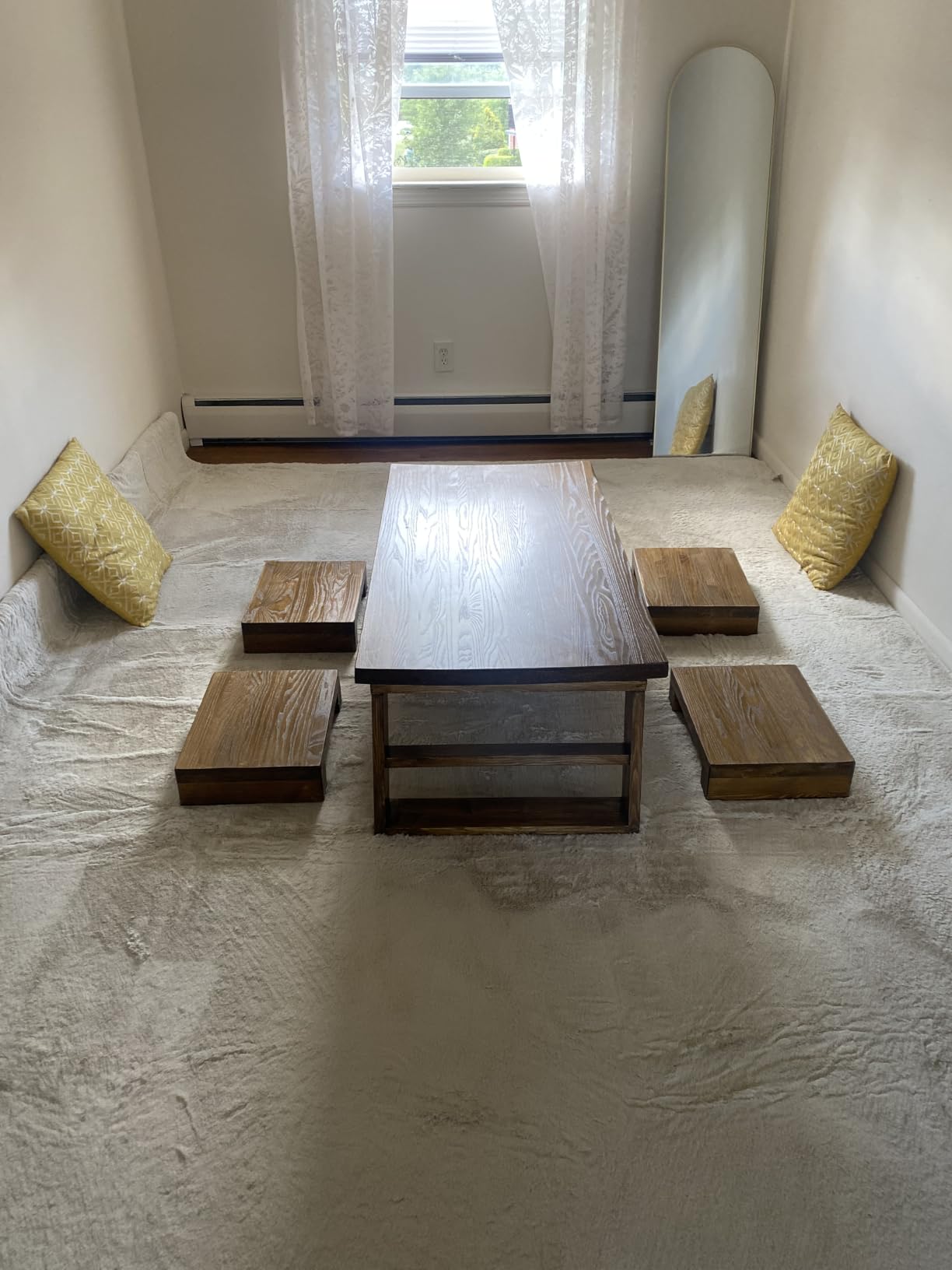 Japanese Floor Table, Low Japanese Dining Table for Floor Sitting with 4 Stools, Solid Wood Chabudai Tatami Coffee Table Set for Living Room, Tea & Dining(47