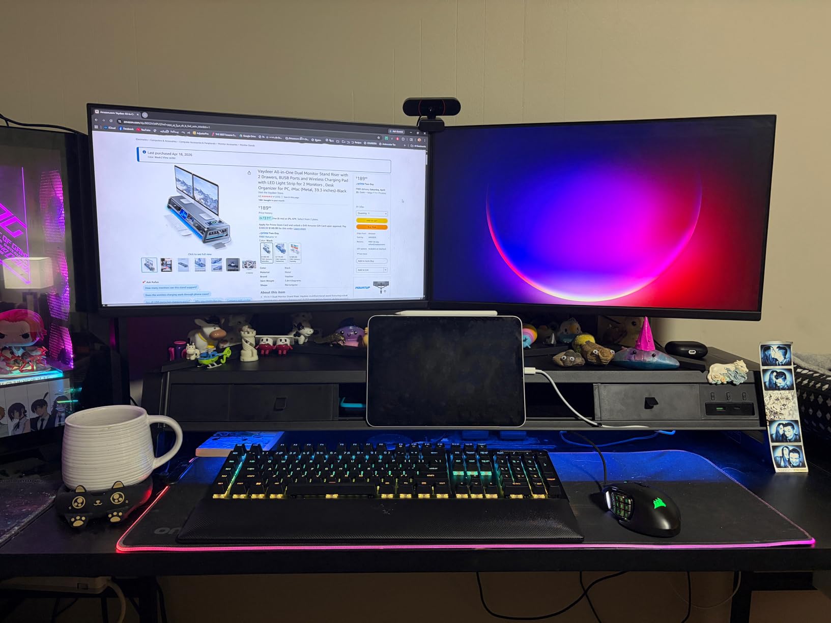 Vaydeer All-in-One Dual Monitor Stand Riser with 2 Drawers, 8USB Ports and Wireless Charging Pad with LED Light Strip for 2 Monitors, Desk Organizer for PC, iMac (Metal, 39.3 inches)-Black customer photo 1