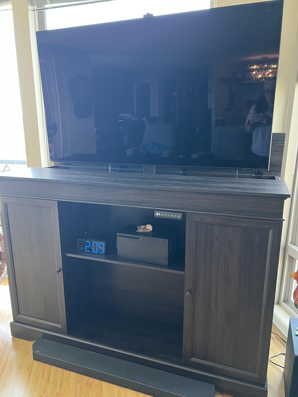GDLF Hidden Motorized TV Lift Cabinet for 55-65 Inch TVs, Walnut | Remote control operation raises or lowers the screen, while interior compartments organize media devices and accessories customer photo 1