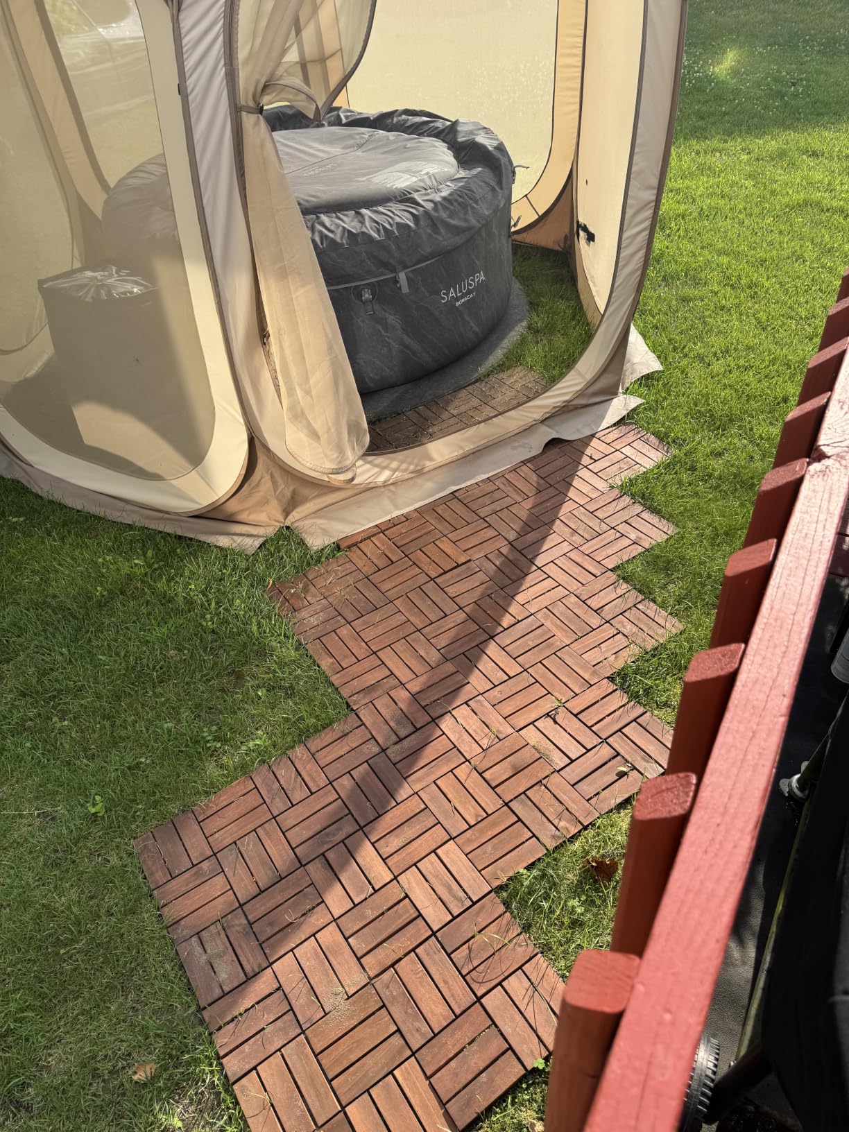 9-Piece Acacia Wood Interlocking Deck Tiles, Golden Teak Crossed | 12-Slat Cross Drainage, Non-Slip Grip, 490 lb Capacity, Protective Oil-Rubbed Finish, Flat-Surface Install, Patio Ready customer photo 1