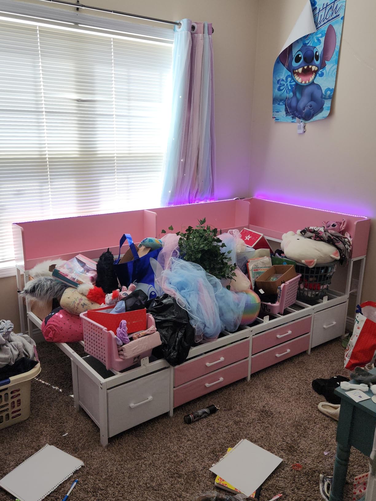 MSmask 14 Inch Corner Bed Frame with Bookcase Storage, Full Daybed with 6 Drawers, Charging Station and LED Light, Full Size Metal Platform Bed Frame for Kids Teenagers, Pink customer photo 1