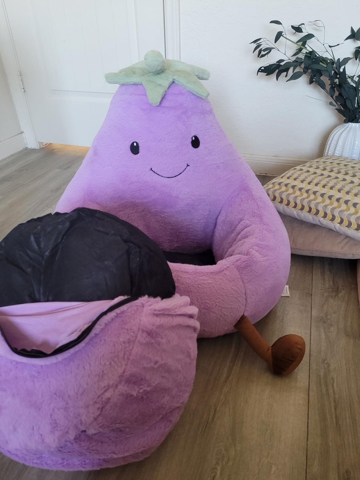 24 Inches Memory Foam Bean Bag Chair - Ultra Soft Faux Rabbit Fur Round Sofa with Handle & Machine Washable Cover, Eggplant-Shaped Kids Reading Chair for Bedroom, Living Room and Playroom, Purple customer photo 1