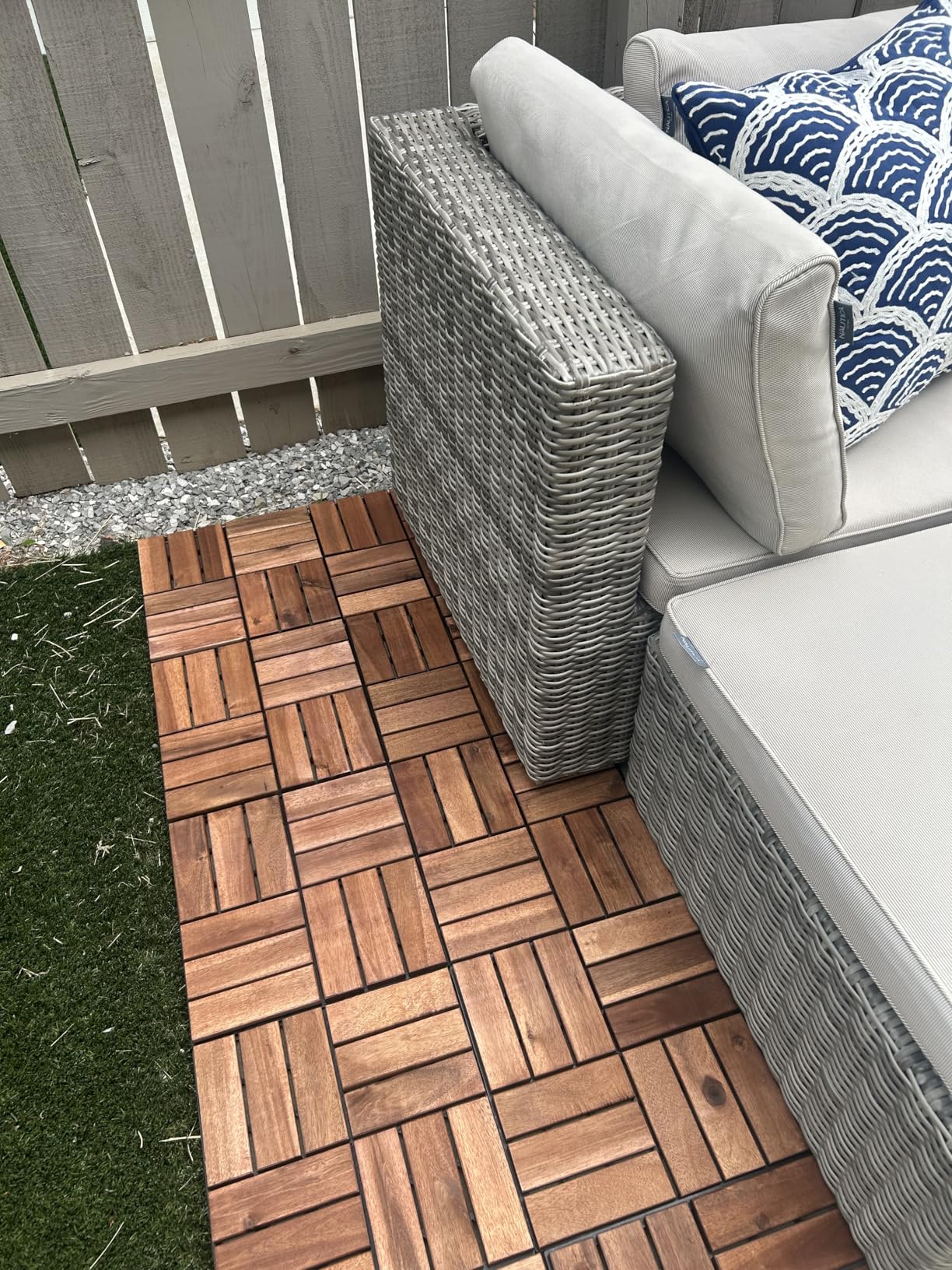 Premium Deck Tiles, 10 PCS 12×12 Acacia Wood Interlocking Patio Tiles, Snap Together Outdoor Waterproof Flooring for Balcony, Patio, Backyard (Square Joint, Walnut) customer photo 1
