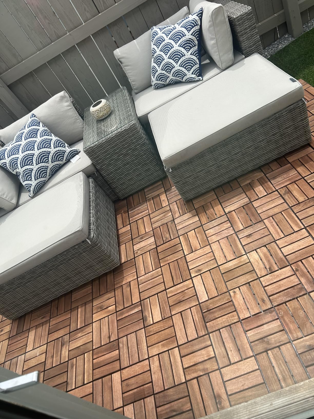 Premium Deck Tiles, 10 PCS 12×12 Acacia Wood Interlocking Patio Tiles, Snap Together Outdoor Waterproof Flooring for Balcony, Patio, Backyard (Square Joint, Walnut) customer photo 2
