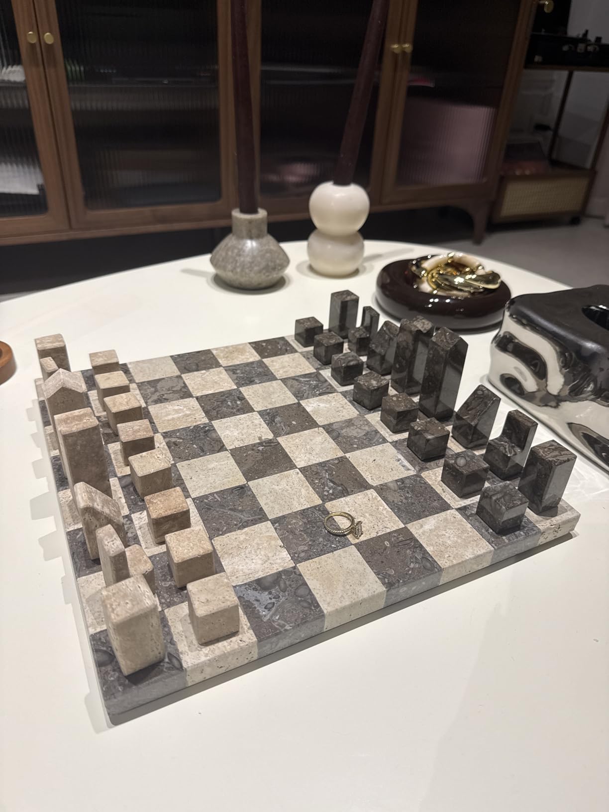 Modern Chess Set - Handcrafted Borderless Marble Chess Board with Minimalist Geometric Pieces, Luxury Decorative Chess Game for Coffee Table, Home Décor & Gifts customer photo 1
