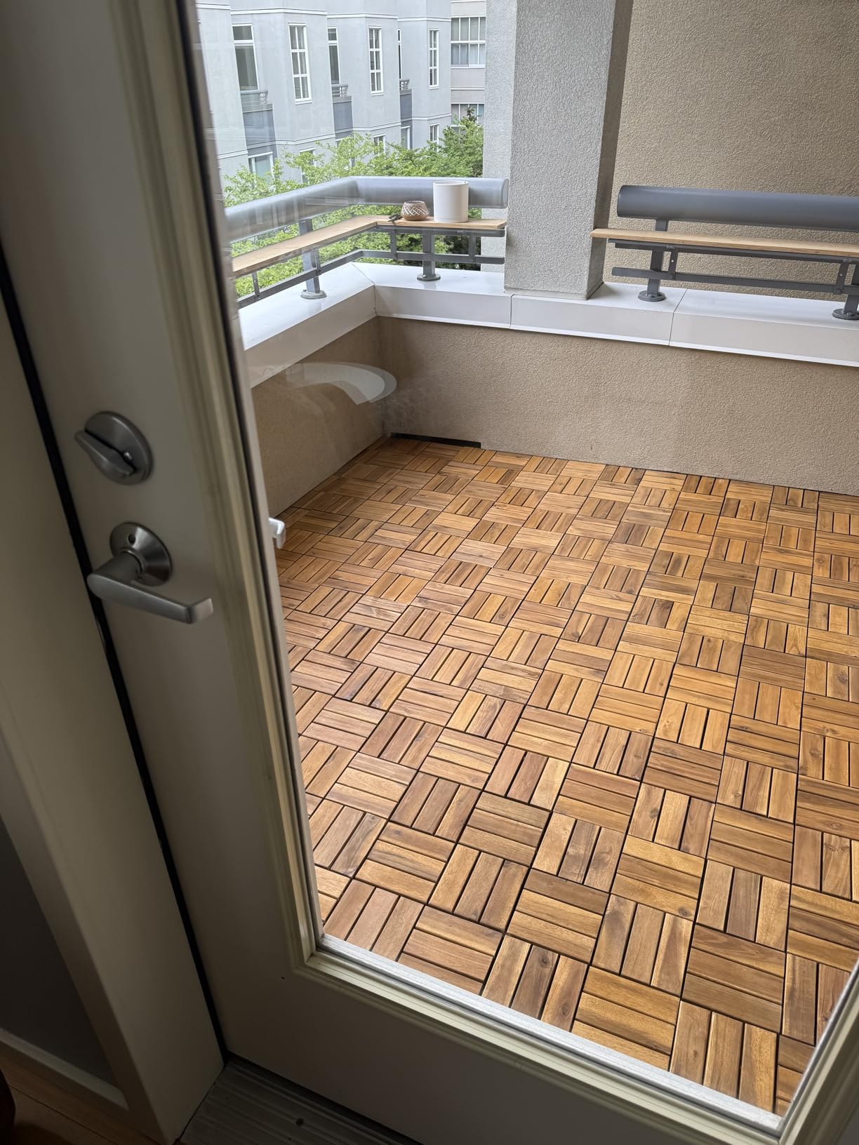 9-Piece Acacia Wood Interlocking Deck Tiles 12x12 in, Gray Striped | 6-Slat Wide Contact, Non-Slip Grip, 490 lb Capacity, Protective Oil-Rubbed Finish, Flat-Surface Install, Patio Ready customer photo 2