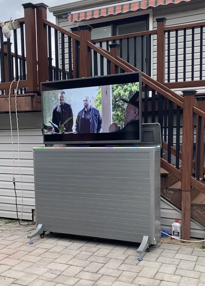 High-Grade Wood-Plastic Composite Outdoor TV Lift Cabinet, Mobile TV Stand on Wheels, Weatherproof Motorized TV Lift Stand, Hidden TV Enclosure for 32-65 Inch Flat Screen TVs customer photo 1
