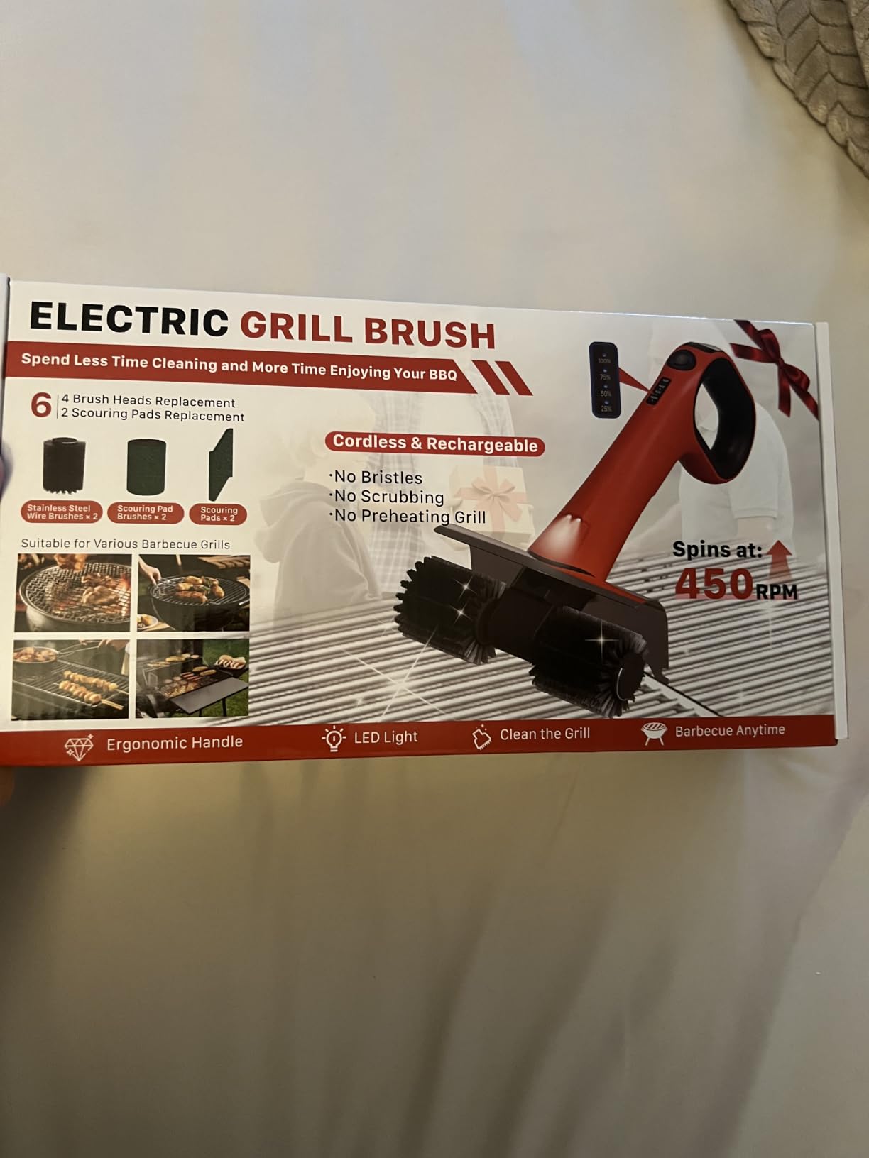 Electric Grill Brush - Dual Rotating Heads Cordless BBQ Grill Cleaner, 450 RPM Motorized Power Grill Cleaning Brush with LED Light, 6-Piece Replaceable Brush Set Safe for Most Outdoor Grill Grates customer photo 1