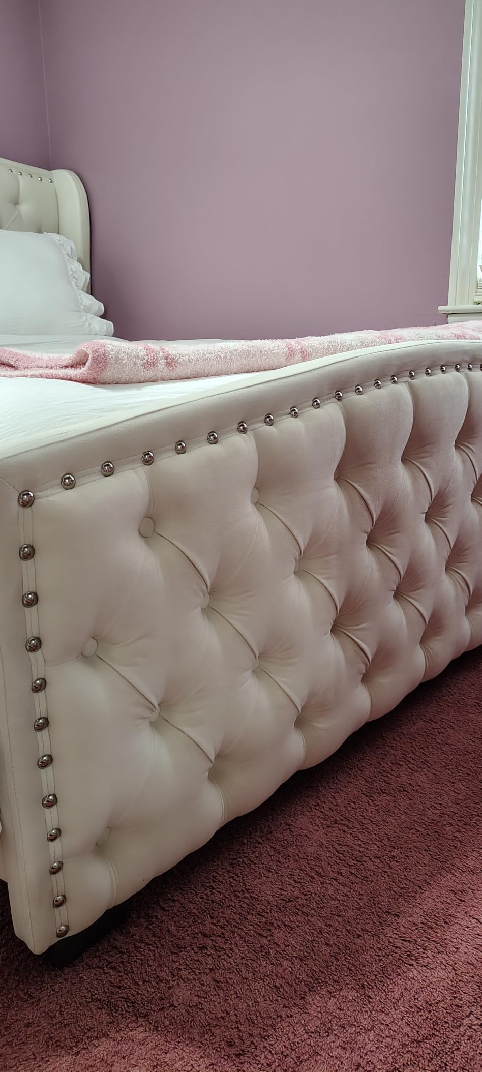AMERLIFE Queen Size Platform Bed Frame, Linen Upholstered Bed with Deep Button Tufted & Nailhead Trim Wingback Headboard customer photo 2