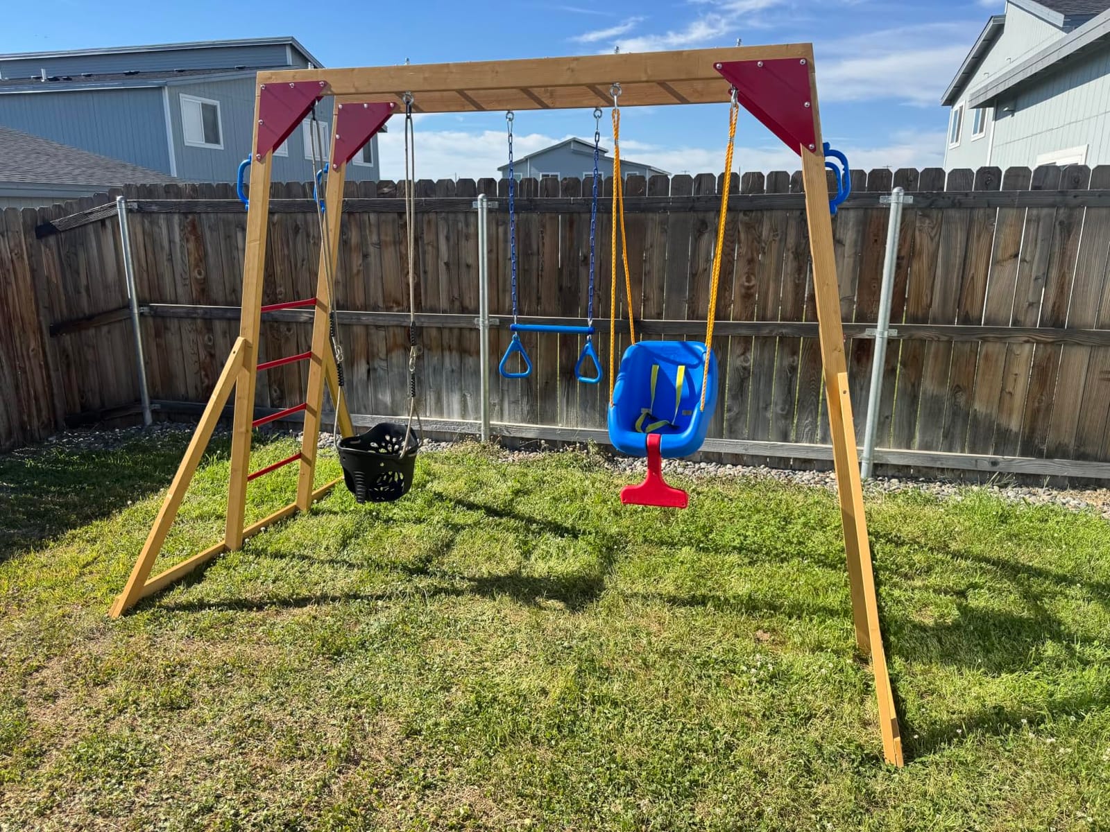 EROMMY Wooden Swing Sets for Backyard with Monkey Bar, Outdoor Playset for Kids with Trapeze Swing Bar and 2 Belt Swings, Heavy Duty Playground Accessories customer photo 2
