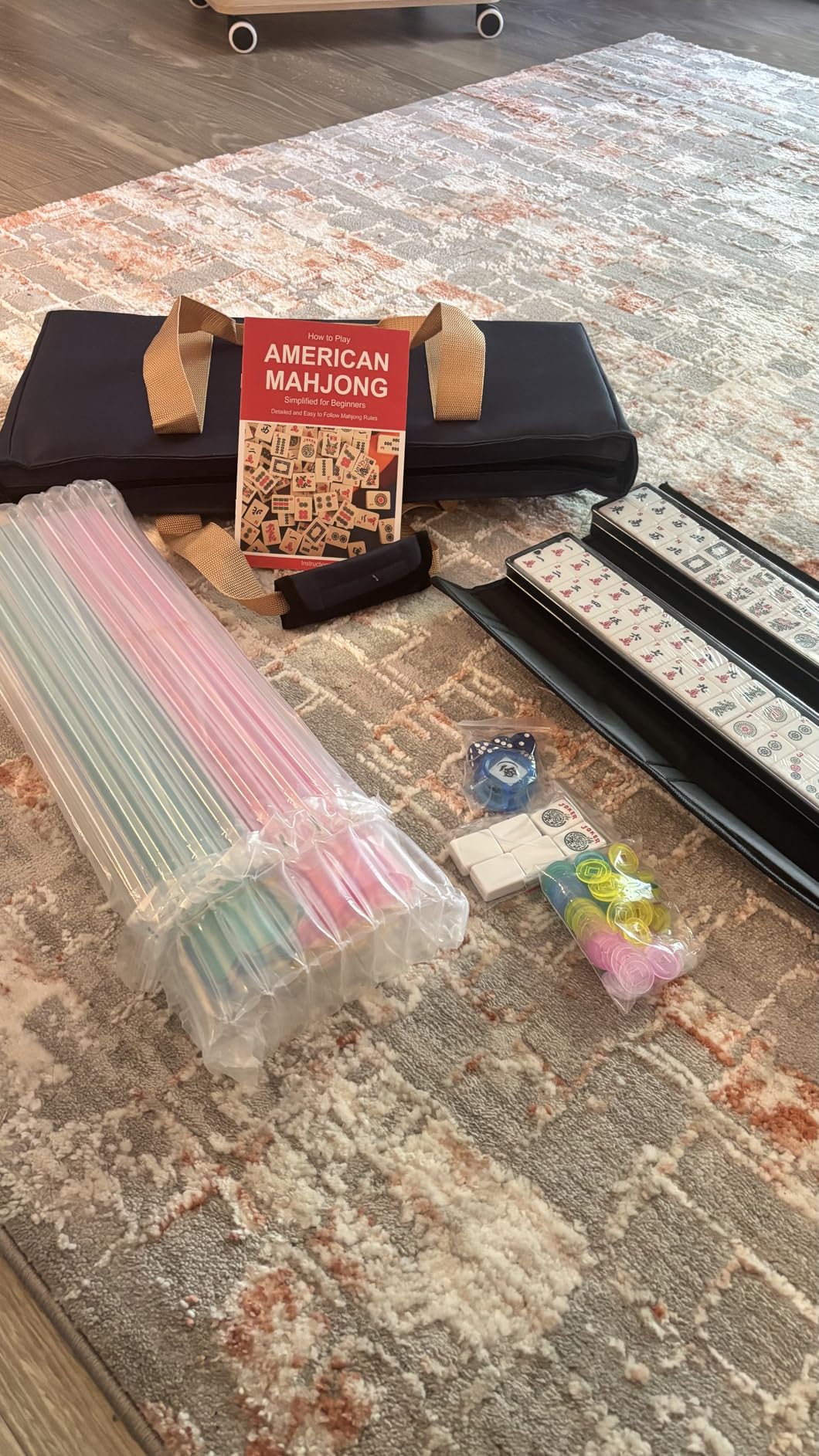 American Mahjong Tile Set, 166 White Tiles, 4 All-in-One Colors Rack/Pushers, Complete Travel Mahjong Set with Light Green Carrying Bag customer photo 1