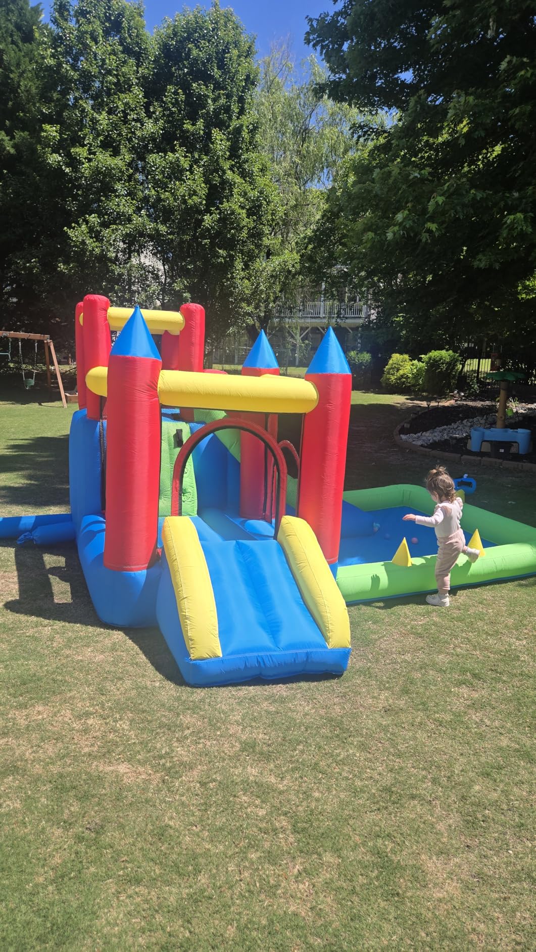Inflatable Water Slide, 9-in-1 Wet and Dry Water Park with Pool | 9-in-1 Wet and Dry. For ages 3-6; trampoline, wall, ball pit and play cannon. Made for backyard water play. For wet play. customer photo 1