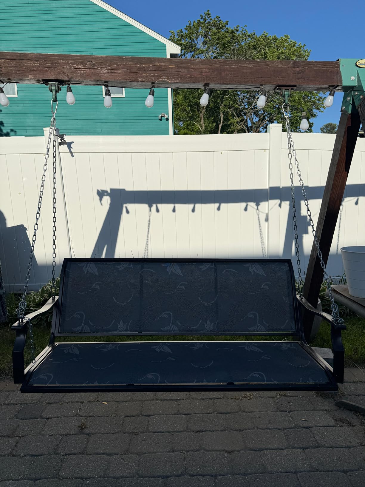 Heavy Duty Porch Swing Outdoor, 900LBS Capacity Textilene Hanging Bench Swing Chair with Extended Chains, 3-Seat Patio Swing with Pillows, Weather-Resistant for Outdoor, Patio, Backyard, Gray customer photo 1