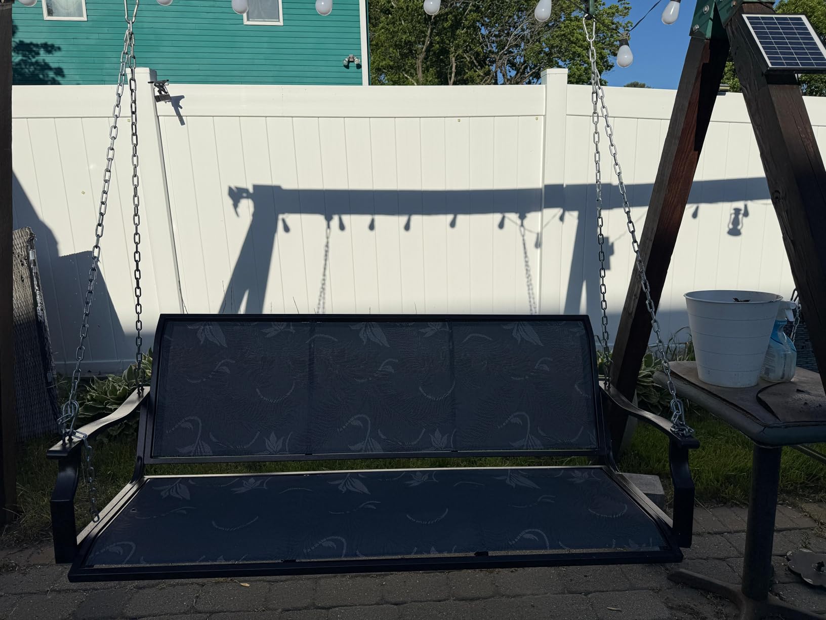 Heavy Duty Porch Swing Outdoor, 900LBS Capacity Textilene Hanging Bench Swing Chair with Extended Chains, 3-Seat Patio Swing with Pillows, Weather-Resistant for Outdoor, Patio, Backyard, Gray customer photo 2