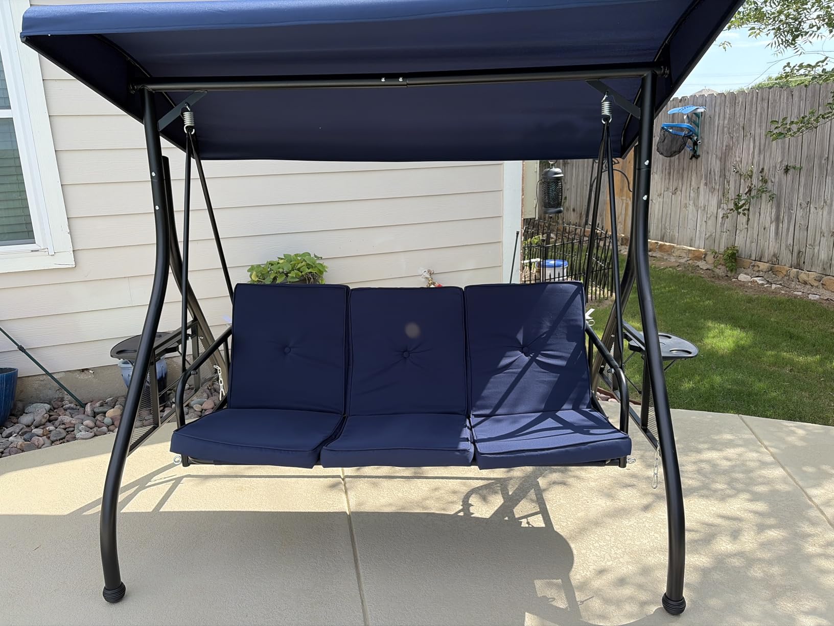 Aoxun Outdoor Porch Swing with Stand and Canopy, 3 Seats Outdoor Swings for Adults, Convertible 2 in 1 Swing Bed with Cup Holder, Patio Swings with Thicken Cushions for Garden, Yard & Balcony, Blue customer photo 1