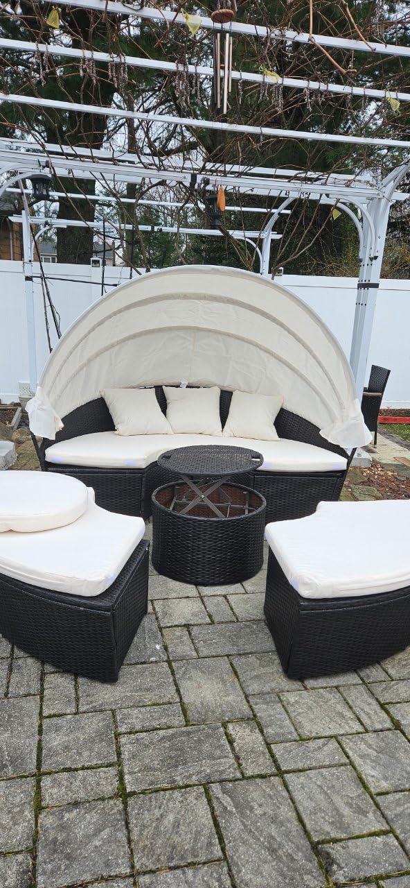 RELAX4LIFE Round Outdoor Daybed with Canopy, Rattan Wicker Sectional Sofa Set w/Cushions, Height Adjustable Table, Conversation Bed Lounger Separated Seating for Outside Pool, Patio Daybed (Grey) customer photo 1