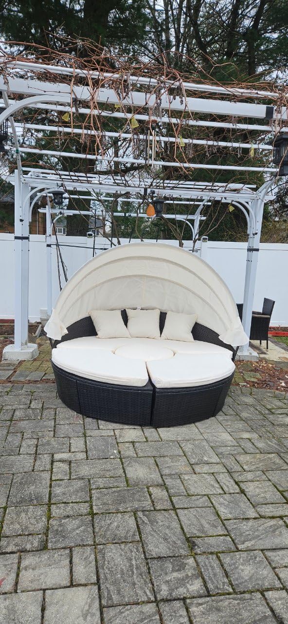 RELAX4LIFE Round Outdoor Daybed with Canopy, Rattan Wicker Sectional Sofa Set w/Cushions, Height Adjustable Table, Conversation Bed Lounger Separated Seating for Outside Pool, Patio Daybed (Grey) customer photo 2