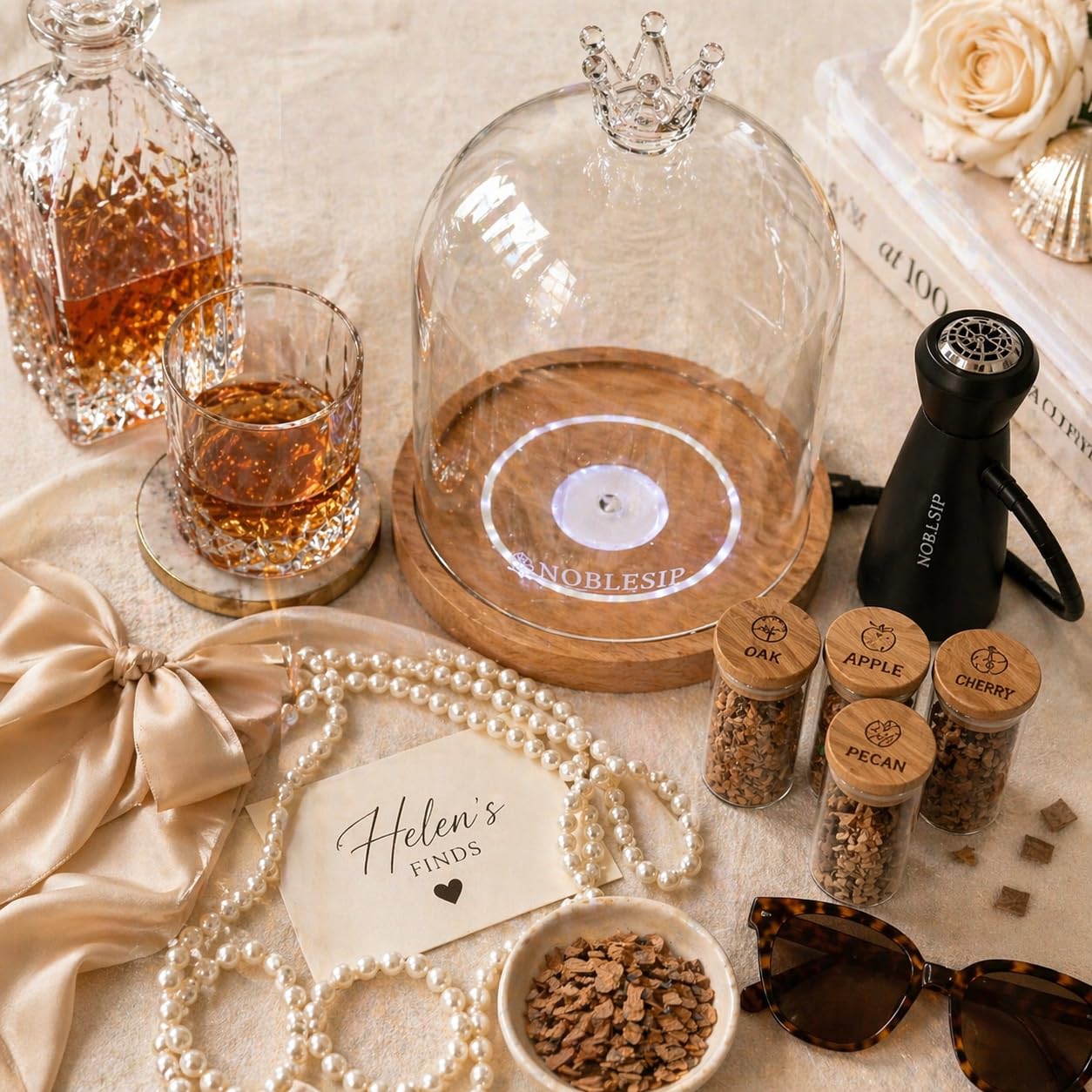 NOBLESIP Cocktail and Food Smoker Kit, Glass Dome PREMIUM Smoky Crown, LED Wood Base, 4 Natural Flavors. Smoke Whiskey Bourbon, Old Fashioned, Charcuterie at Home Like a pro customer photo 1