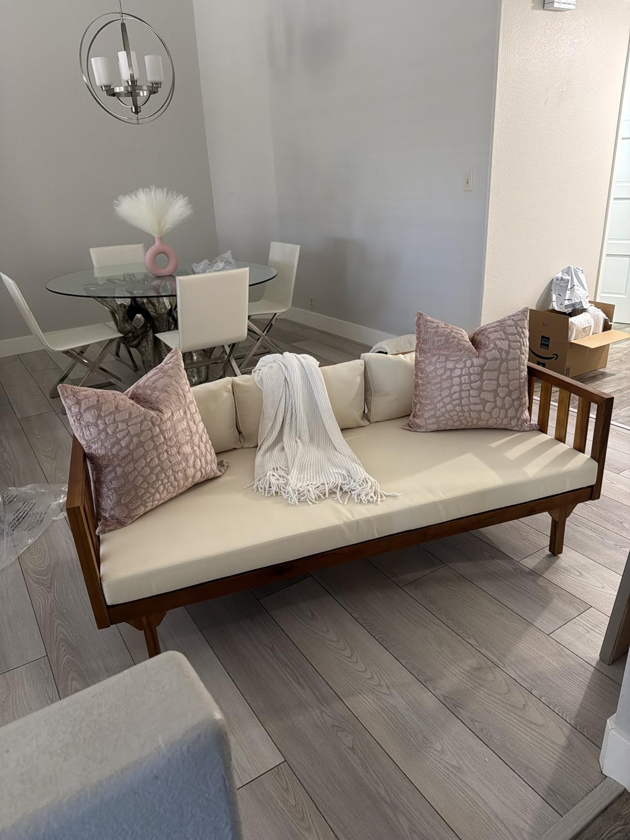 Christopher Knight Home Claremont Outdoor 3 Seater Acacia Wood Daybed with Fabric Water Resistant and Removable Cushions, Patio Garden Poolside Sofa with Slat Paneling Armrest and Back, Teak and Beige customer photo 2