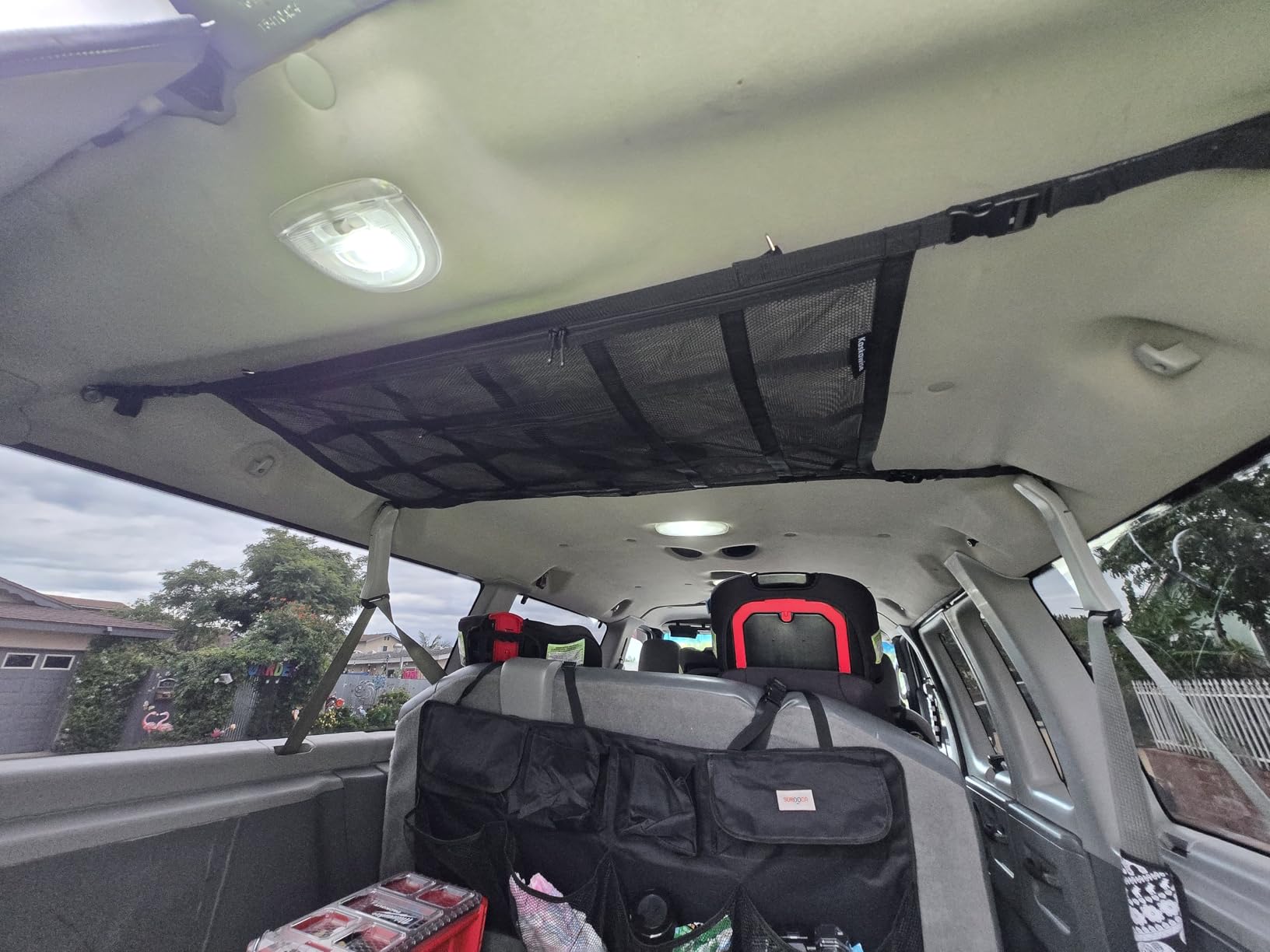 Extra Large Car Ceiling Cargo Net 43.3×27.5 Inch for SUV Minivan Truck Van, Roof Storage Organizer, Overhead Mesh Cargo Holder, Fits Most 4 Handle Vehicles for Road Trip Camping Travel customer photo 1