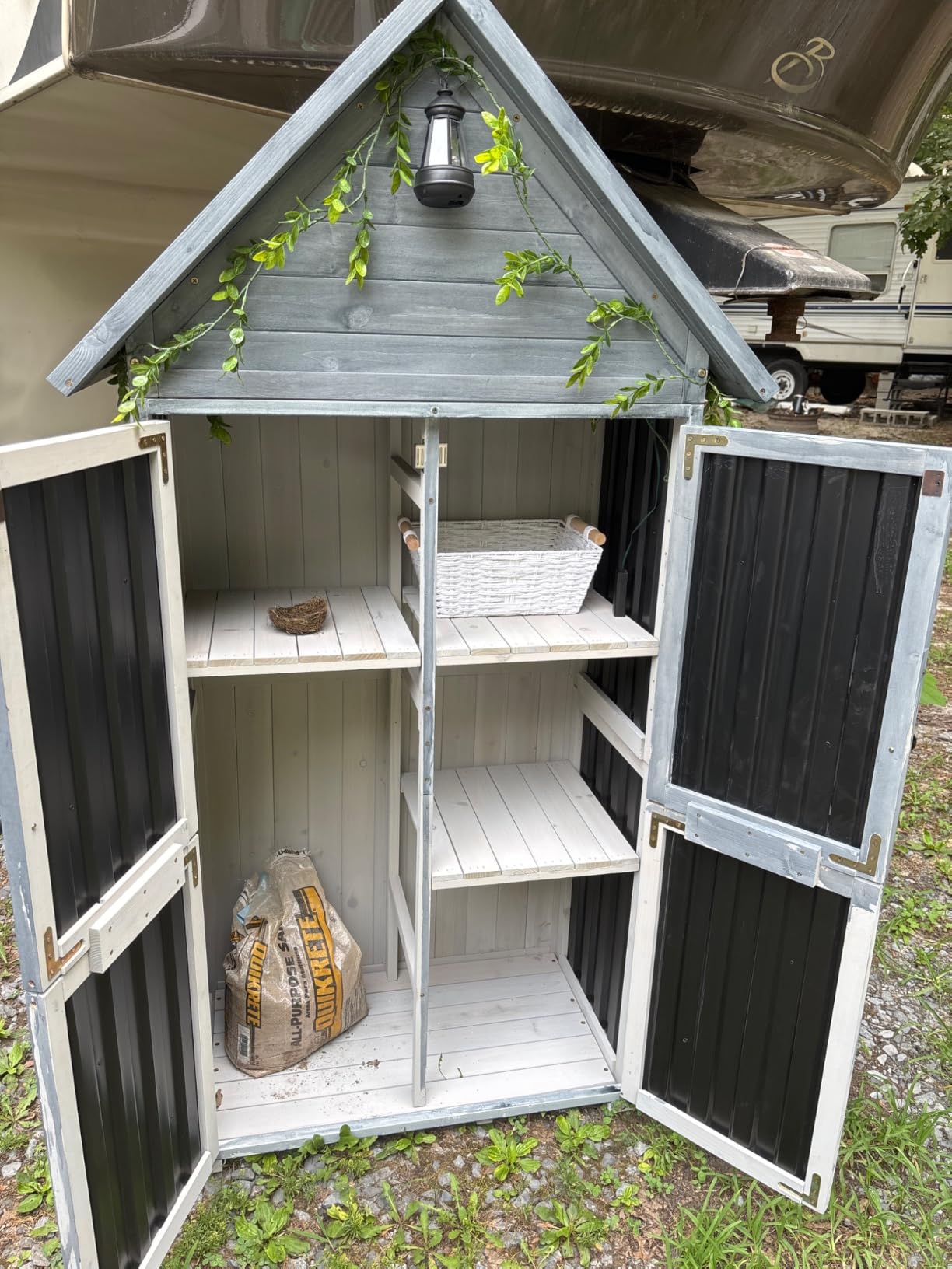 GUTINNEEN Weatherproof Outdoor Trash Can Shed, Outdoor Storage Shed with Strong Metal Frame, Wooden Garden Sheds with Adjustable Shelves and Removable Floor customer photo 2