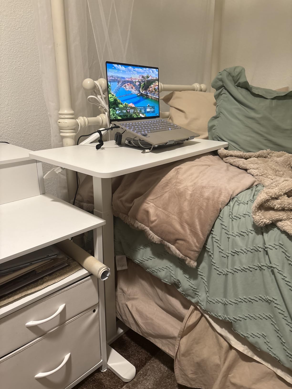 Sweetcrispy Overbed Table, Bedside Table, Storage Shelf | Adjustable Rolling Wheels, Mobile Laptop Desk, Space Saving Frame, Dorm, Apartment, Chocolate customer photo 1