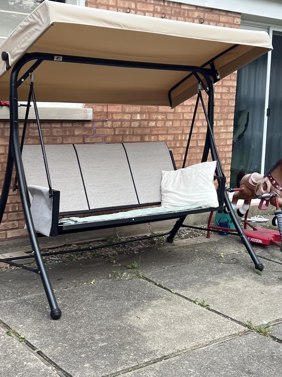PURPLE LEAF 3-Person Convertible Porch Swing Daybed with Canopy, Khaki | 2-in-1 daybed converts to lie flat for outdoor napping, holds 800 lbs with zero wobble, thick water-resistant cushions customer photo 1
