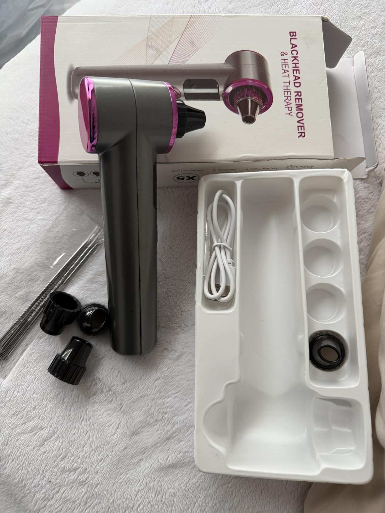 Heated Blackhead Remover Vacuum, Warm Compress Pore Vacuum Cleaner with 3 Suction Levels, LED Display, USB Rechargeable Facial Pore Cleaner Kit, 5 Heads and 4 Stainless Steel Tools (Purple) customer photo 1