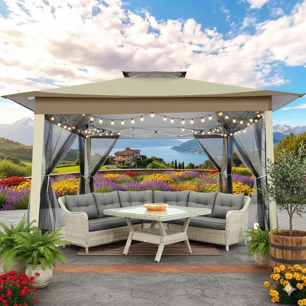 COBIZI 16x16 Pop Up Gazebo with Mosquito Netting, Hexagonal Screened Canopy | 256 sq ft hexagonal screened shelter with mesh walls, 210D Oxford, SPF50+ UV block, waterproof, fits 10-18 people, Brown customer photo 2