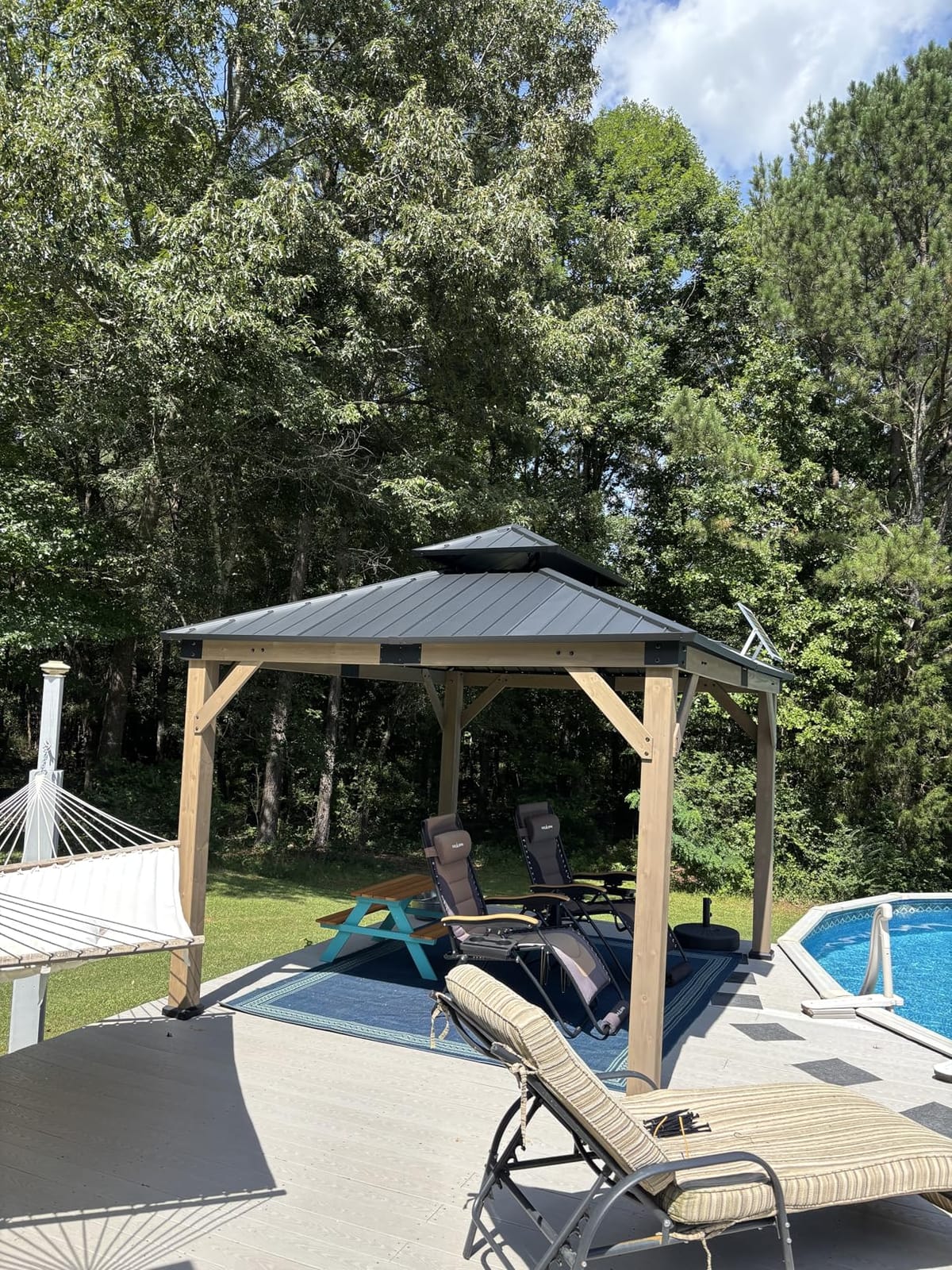 10x12 Hardtop Gazebo, Gable Roof Wooden Gazebo with Cedar Wood Frame, Outdoor Pavilion with Sloped Metal Roof & Ceiling Hooks for Patio Backyard Deck Garden Poolside customer photo 2