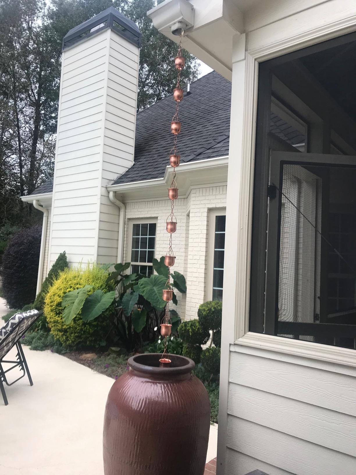 Copper Rain Chain – Decorative Chimes & Cups Replace Gutter Downspout & Divert Water Away from Home for Stunning Fountain Display – for Universal Fit customer photo 1
