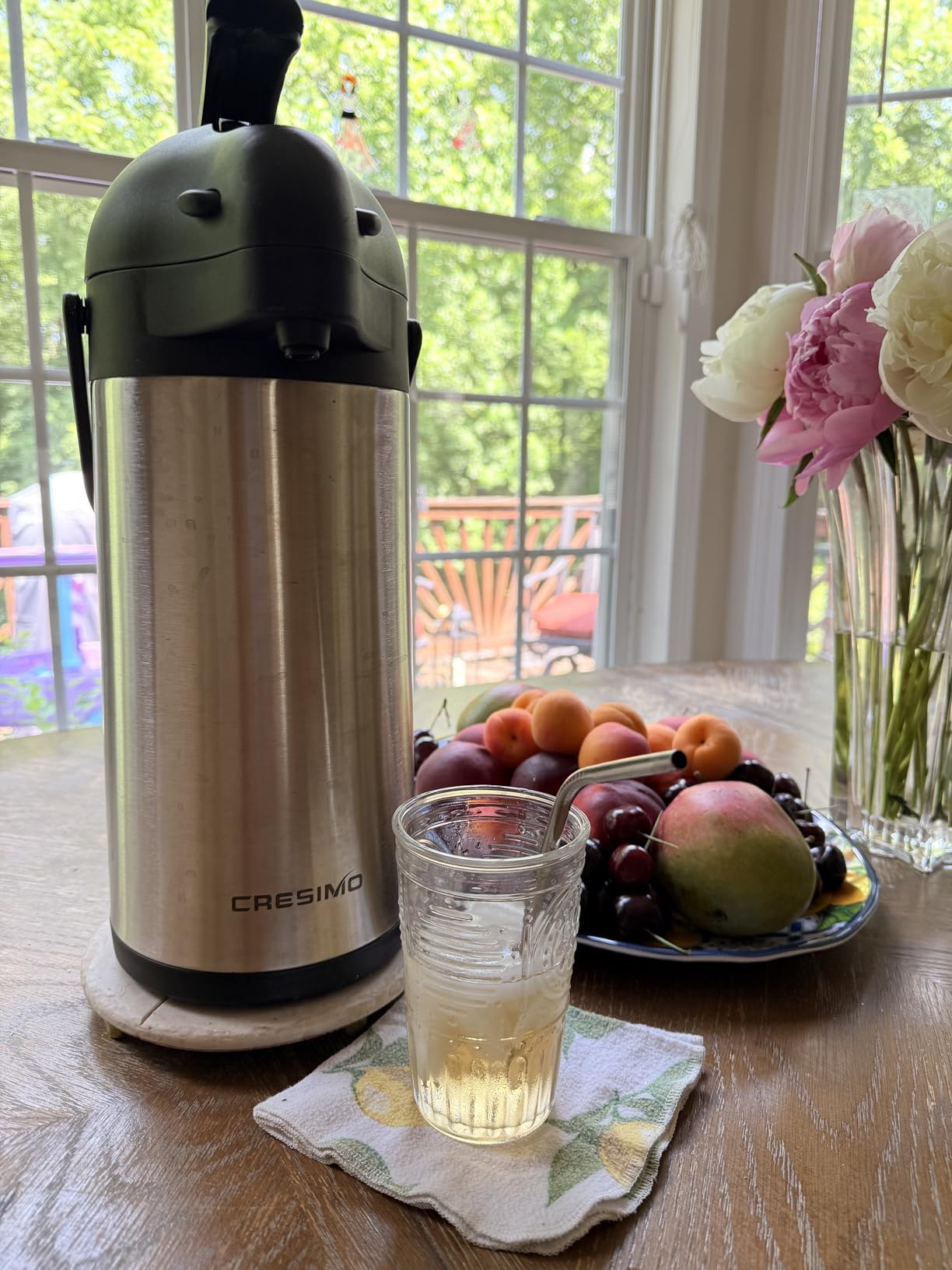 Cresimo Coffee Carafe with Pump 102oz / 3L Airpot Large Hot Water Dispenser | 12 Hours Hot Cocoa Dispenser for Parties, Tea Flask, Insulated Stainless Steel Airpots for Hot Beverage Dispenser Coffee Pump customer photo 1