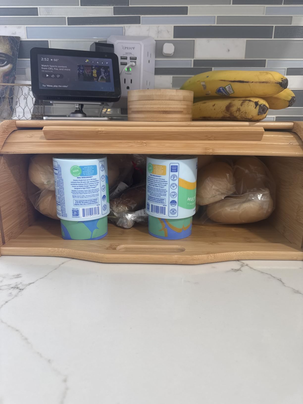 Large bread box bread basket wooden box storage boxes kitchen counter organizer, roll top breadbox. bread boxes for kitchen countertop. Bamboo wooden boxes. customer photo 2