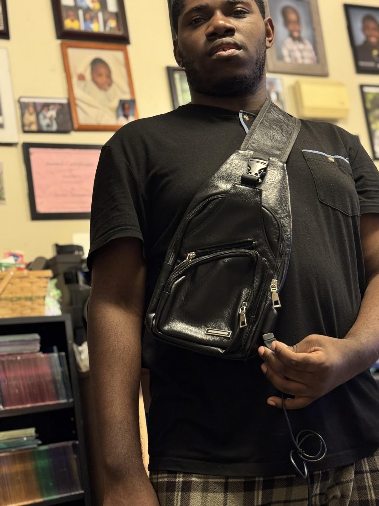 Peicees Leather Sling Bag Mens Crossbody Bag Chest Bag Sling Backpack for Men with USB Charge Port customer photo 2