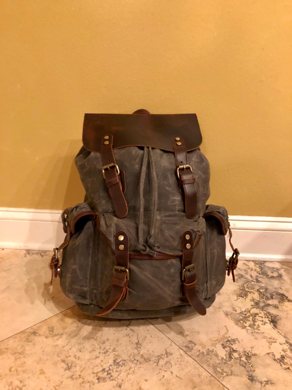 WUDON Leather Backpack for Men, Waxed Canvas Shoulder Rucksack Carry-On Travel Backpack customer photo 2