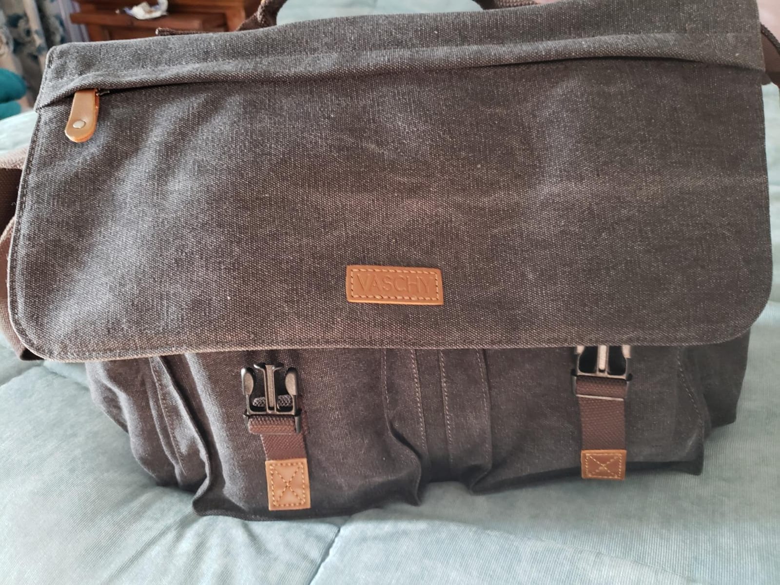 Messenger Bag for Men,VASCHY Vintage Water Resistant Canvas Satchel 14 15.6 17inch Laptop Briefcase customer photo 2