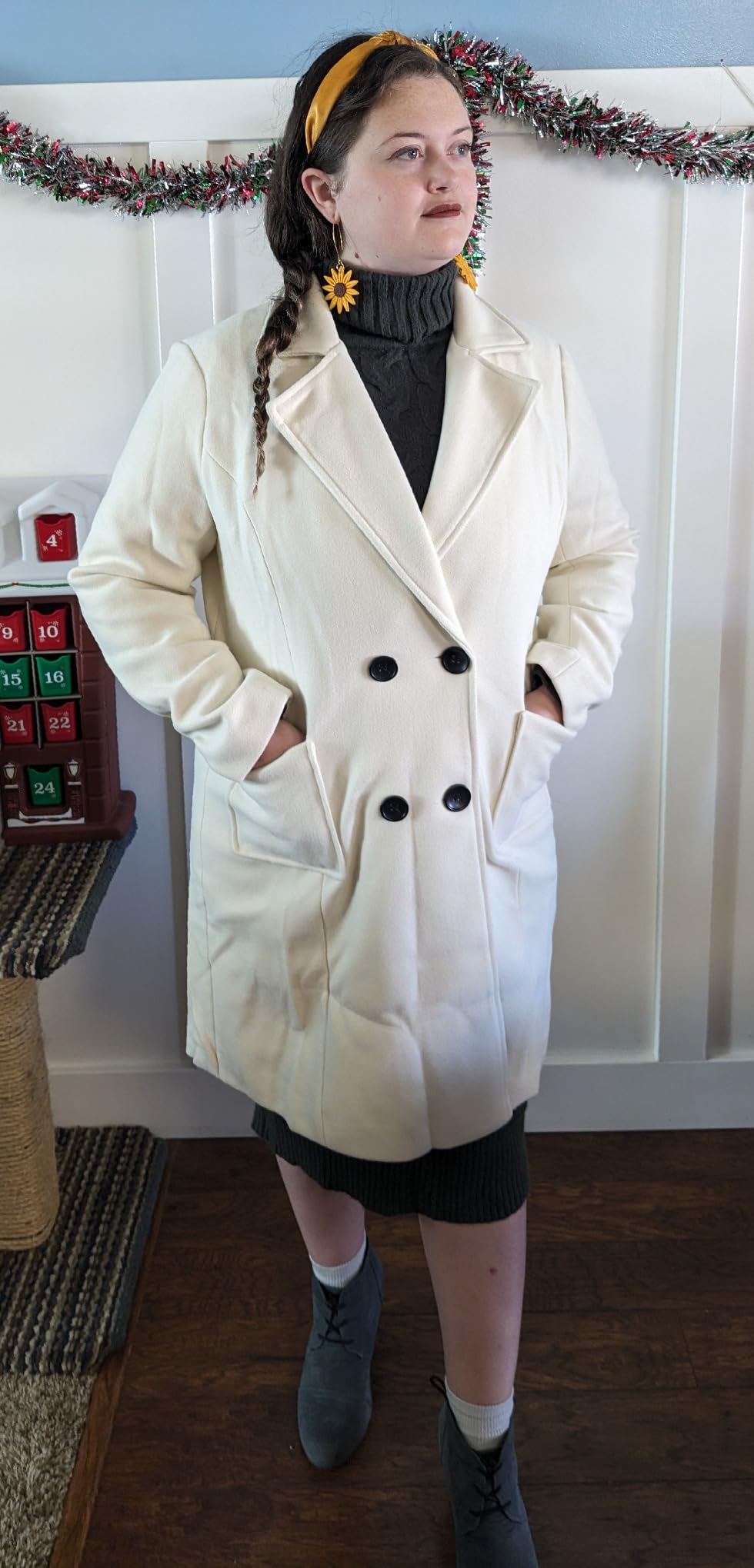 chouyatou Women Elegant Notched Collar Double Breasted Wool Blend Over Coat customer photo 2