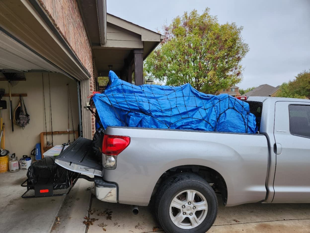 Cargo Net for Pickup Truck Bed - Truck Bed Net with 12 Metal Carabiners | Double thick heavy duty bungee mesh accessory with strap hooks 4'x6', stretches to 8'x12' customer photo 1