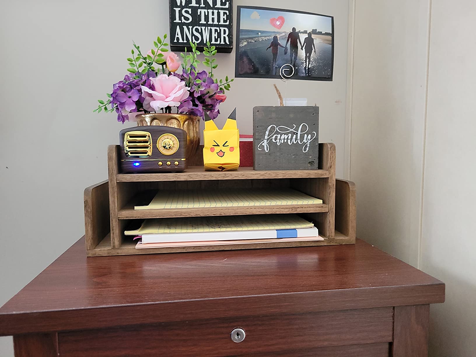 KIRIGEN Wood Desk Organizer, 5-Tray Letter Tray and Mail Sorter, Brown 2TP | Solid Wood 3-Tier Desktop Organizer with 5 Storage Areas for Mail, Folders, Letter Paper and Office Supplies, Fully Assembled customer photo 1